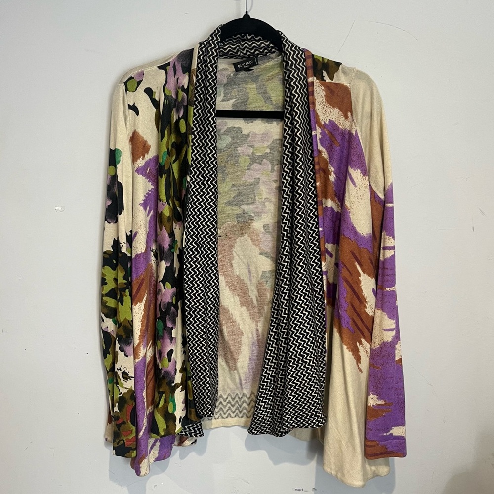 ETRO Silk & Cashmere Open Front Cardigan Duster Floral/Paisley Italy Made Sz 44